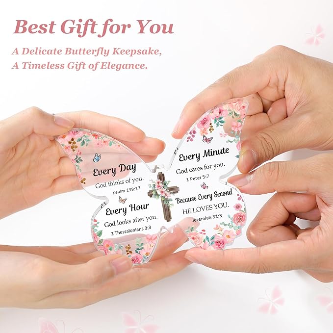 Christian Gifts for Women Faith, Butterfly Acrylic Plaque Sign, Christian Gift for Women on Mothers Day Birthday, Spiritual Present for Female Friend Family, 5x3.8x0.5 Inch - Pink