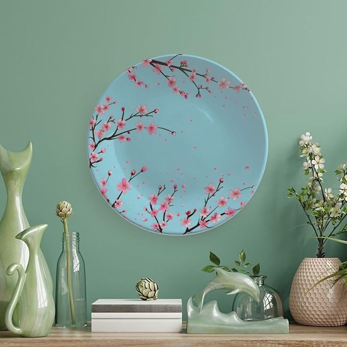 Japanese Spring Theme Decorative Ceramic Plate Round Porcelain Plate,Sakura Tree Branches Pattern,for Decorative Ornaments Giving Plates, 1 Plate with 1 Display Stand,Blue Pink,7 inch