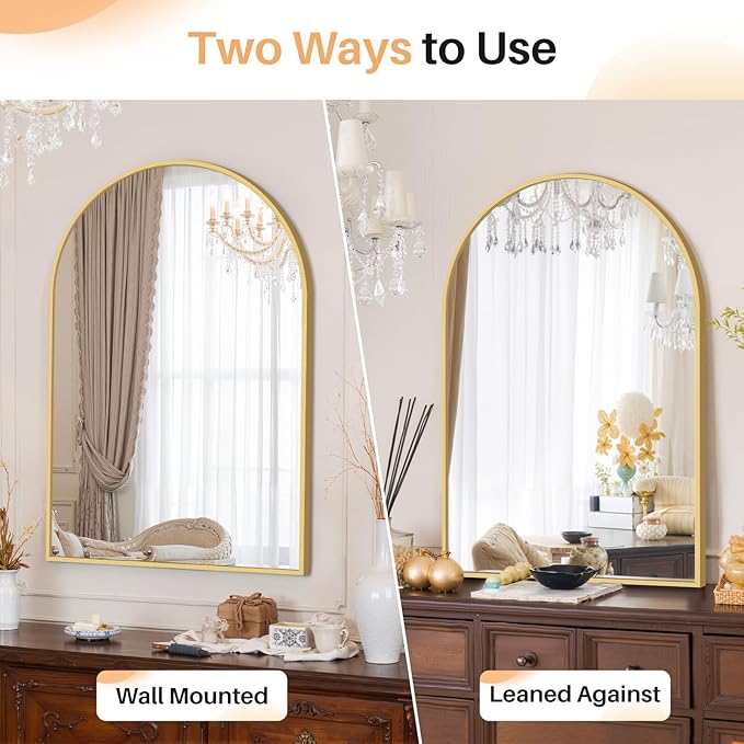 Bathroom Mirror for Wall, 36x24 Inch Arched Mirror, Matte Gold Metal Framed Bathroom Vanity Mirror for Restroom Farmhouse, Anti-Rust, Tempered Glass, Hanging or Leaning
