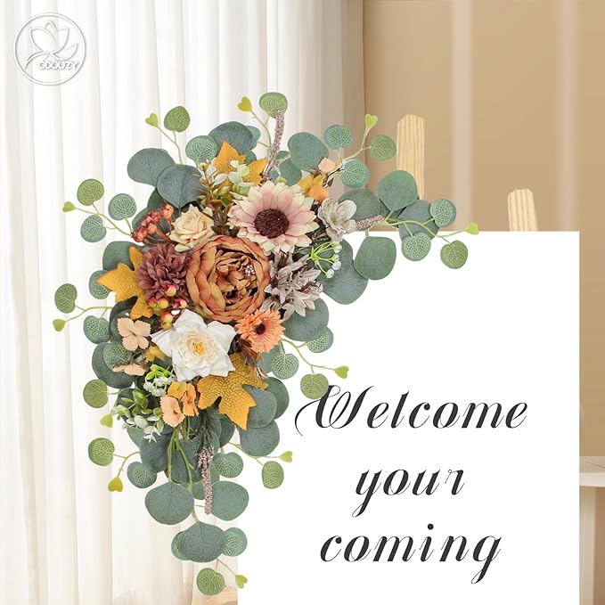 Odouzy Artificial Wedding Arch Flowers for Wedding Sign,Set of 2 for Wedding Welcome Ceremony Sign,Faux Floral Swags,Wedding, Banquet and Reception Backdrop Floral Decoration (Coffee Orange)