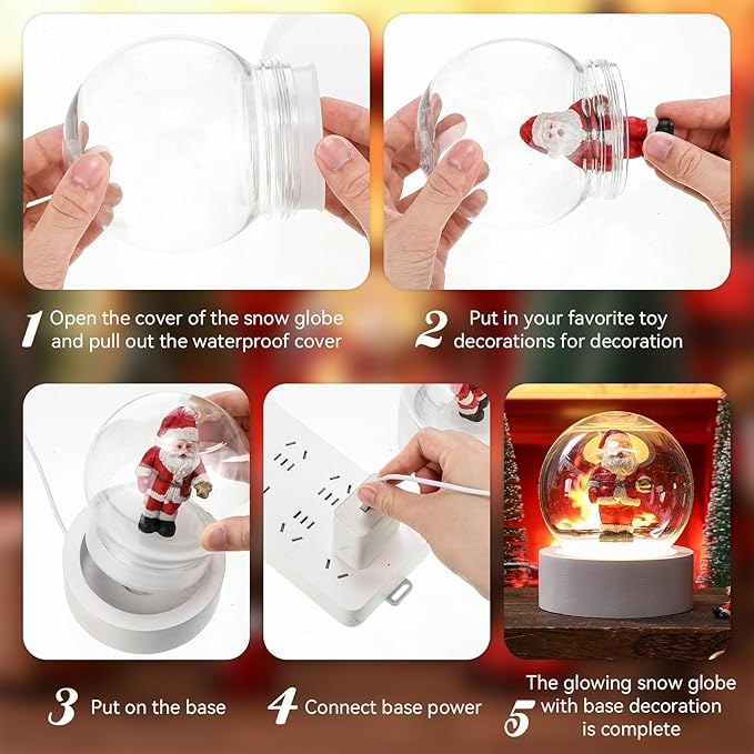 Irenare 2 Set Valentines DIY Snow Globes Set Warm Light Make Your Own Snow Globe with LED Light White Wooden Base Clear Plastic Globe Kit for Valentine Christmas Decor Gift