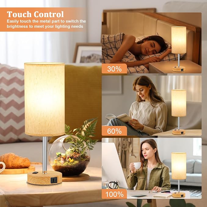 PartageiZ 17.4Inches Tall Touch Bedside Table Lamps Set - 3 Way Dimmable Bedroom Lamp with USB C Ports, Small Desk Lamps for Nightstand with AC Outlet for Dorm/Bathroom/Kitchen/Living Room
