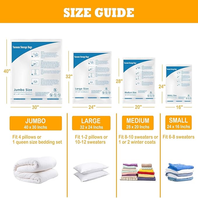 MEIQIHOME Vacuum Storage Bags, Space Saver Sealer Bags,Vacuum seal bags for clothing, Pillows, Comforters, Blankets, Bedding,8 LARGE