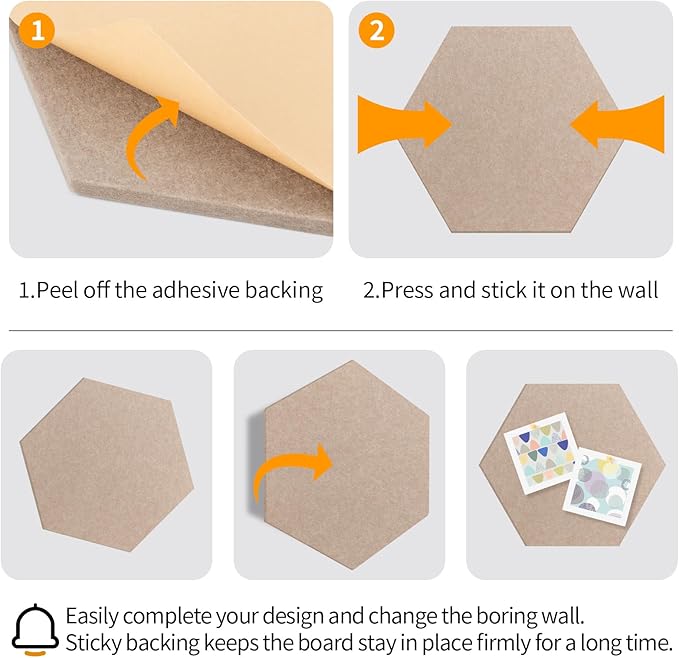 10 Pack Hexagon Cork Board Tiles Alternative, 12'' Fully Self-Adhesive Modern Felt Bulletin for Wall Decor, Frameless Pin Board for Office, Renter-Friendly Decorative Hexagon Corkboard with 30 Pins