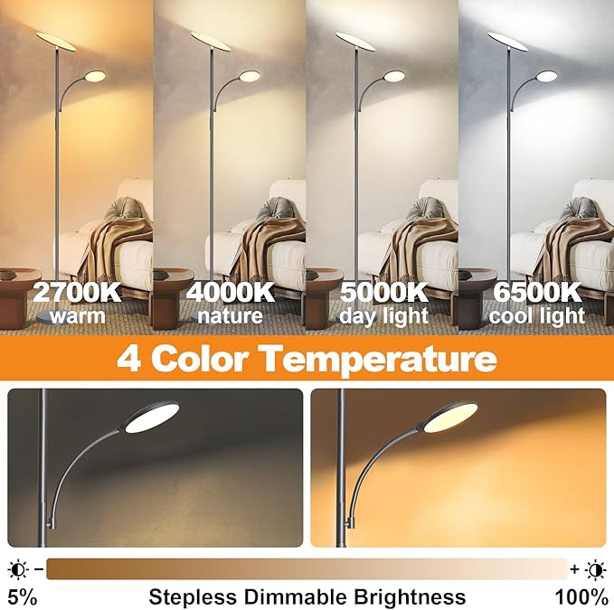 marctronic Gray Floor Lamps for Living Room, 44W/4500LM Super Bright 2 in 1 LED Floor Lamp with Remote, Stepless Dimmable, 69" Tall Standing Floor Lamp with Bendable Reading Light for Bedroom Office