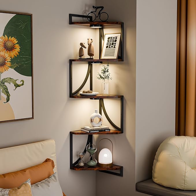 HAAYOT Corner Shelf Wall Mounted with Lights, 5-Tier Floating Metal Shelves for Living Room, Bedroom, Rustic Brown