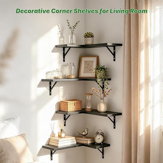 NATURE'S SOURCE Corner Floating Shelves Set of 4, Corner Shelves Wall Mounted, for Bedroom Kitchen Living Room Bathroom Office- Gothic Style (Black, Set of 4)