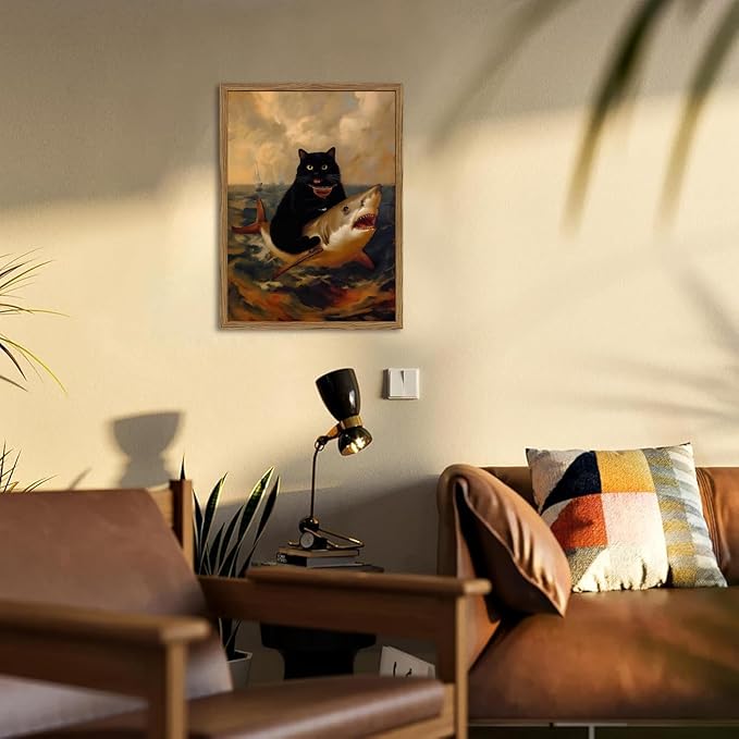 Funny Black Cat Wall Art Whimsical Cat Riding a Shark Wall Decor Picture Unique Animal Ocean Poster Canvas Painting Prints for Bedroom Living Room 12x16 inch Framed