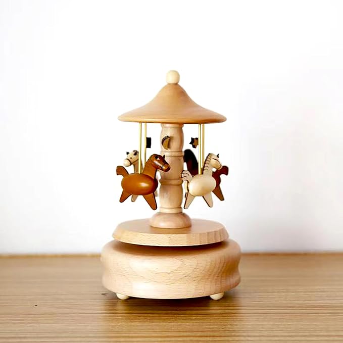 Natural Solid Wood Handcrafted Beech Wooden, Musical FigureTotoro/Carousel/Fairy/Ballerina Figurine,Rotating Hand Crank Mechanism Music Box,Musical Decorations (Merry-go-Round)