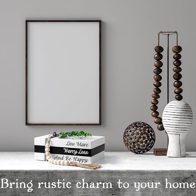 Capoda 3 Pcs Decorative Books for Home Decor Farmhouse Faux Stacked Books Wooden Rustic Table Decor with Bead Garland Twine Ribbon Faux Leaf for Table (Smile)