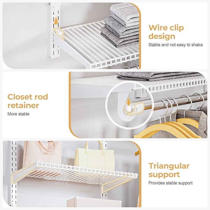 Wire Closet Organizer System, Wall Mounted 4.4 Ft. Custom Closet Kit for Bedrooms Laundry Mudroom Garage Basement, Adjustable Storage Shelves for Clothes Shoes Handbags