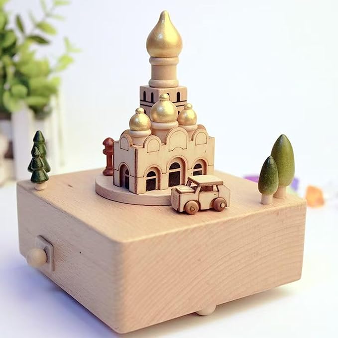 Natural Solid Wood Handcrafted Beech Wooden, Musical FigureTotoro/Carousel/Fairy/Ballerina Figurine,Rotating Hand Crank Mechanism Music Box,Musical Decorations (Church)