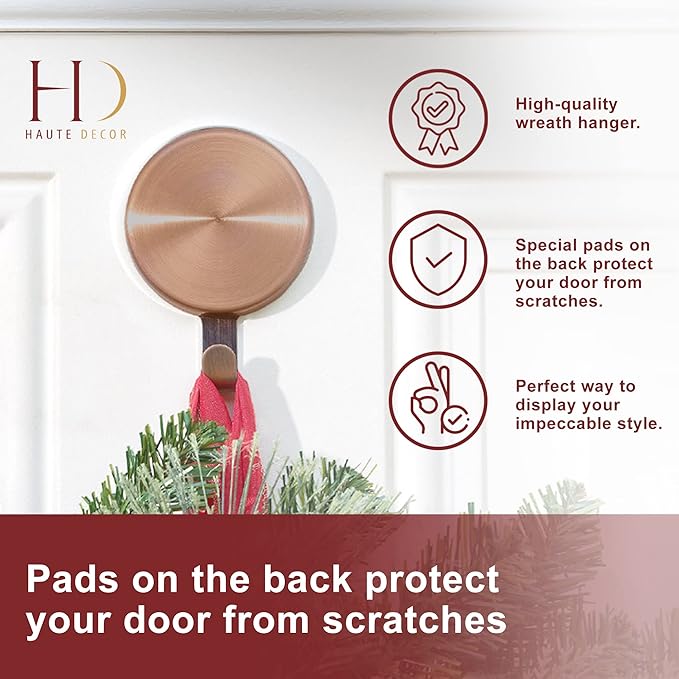 Haute Decor Attract Magnetic Wreath Hanger (Copper) - Set of 2 Magnets - for 2 Metal Doors/Surfaces or 1 Single-Pane Glass Door/Window - Holds up to 10 lbs.