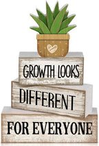 Lineshading 4 Pcs Inspirational Farmhouse Table Decor Growth Looks Different for Everyone Rustic Stacked Wooden Block Signs with Inspirational Quote Artificial Succulent for Home, Office, Shelf Gift