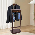 Suit Valet Stand with Base, Wooden Clothes Valet Stand with Drawer, Contour Hanger, Trouser Bar & Tie Bar Freestanding Women Men Valet Stand for Home Office Hotel
