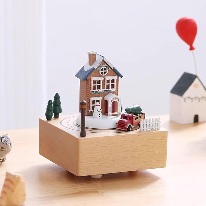 Natural Solid Wood Handcrafted Beech Wooden, Musical FigureTotoro/Carousel/Fairy/Ballerina Figurine,Rotating Hand Crank Mechanism Music Box,Musical Decorations (Romantic Snowhouse)