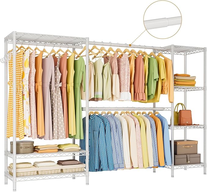 Heavy Duty Garment Rack Clothes Rack,Large Metal Closet Organizer System Storage Wardrobe,Freestanding Clothing Rack with 9 Adjustable Wire Shelves&3 Hang Rods,MaxLoad 1500lbs White