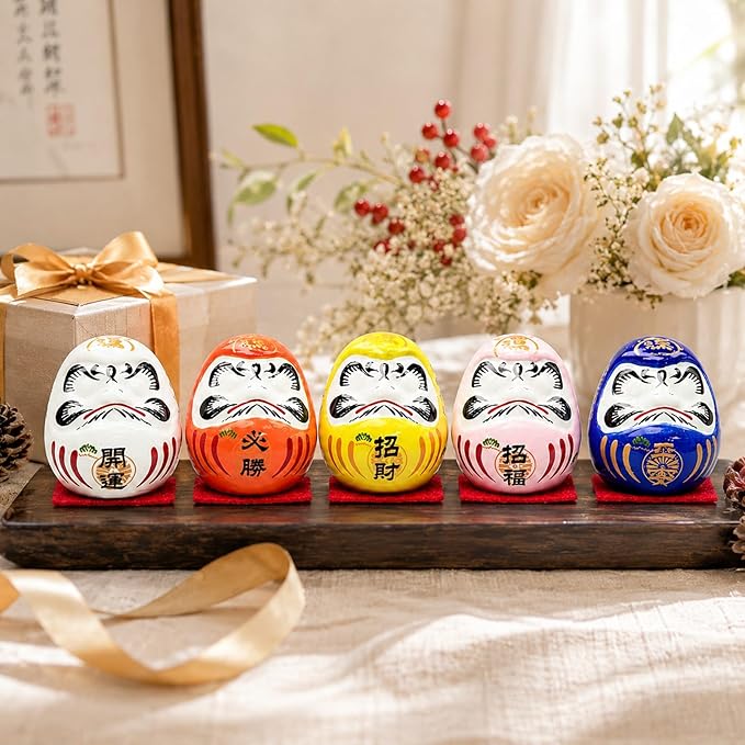 LOGOFUN 5PCS Small Daruma Figurine Japanese Daruma Doll Set Ceramic Good Luck Daruma Statue for Indoor Home Car Desktop Decor - No Eyes 4.5CM