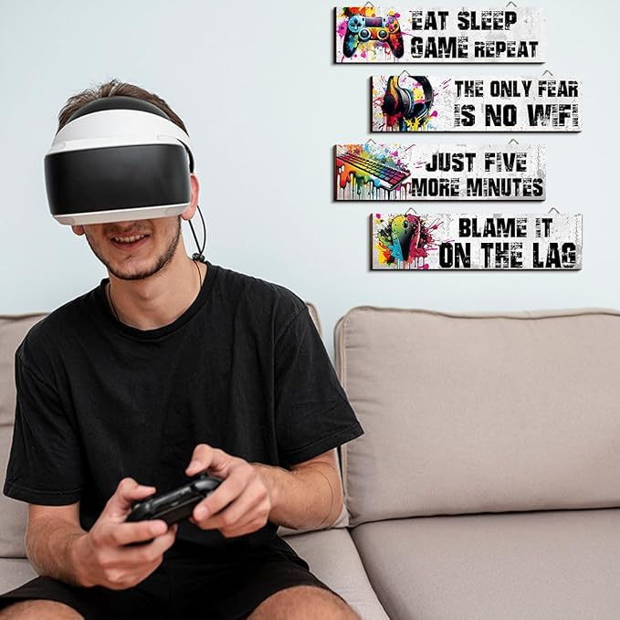 Hatzelou 4Pcs Game Room Hanging Decor Sign, Watercolor Game Wall Wooden Sign, Game Room Accessories Hanging Sign, Gamer Hanging Plaques for Teen Room Bedroom Playroom Decorations, black