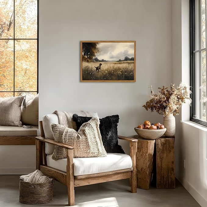 Framed Vintage Hunting Black Dog Wall Art, Rustic Country Landscape Pictures Wall Decor, Farmhouse Animal Paintings Canvas Prints for Home Living Room Bedroom 12x16 inch