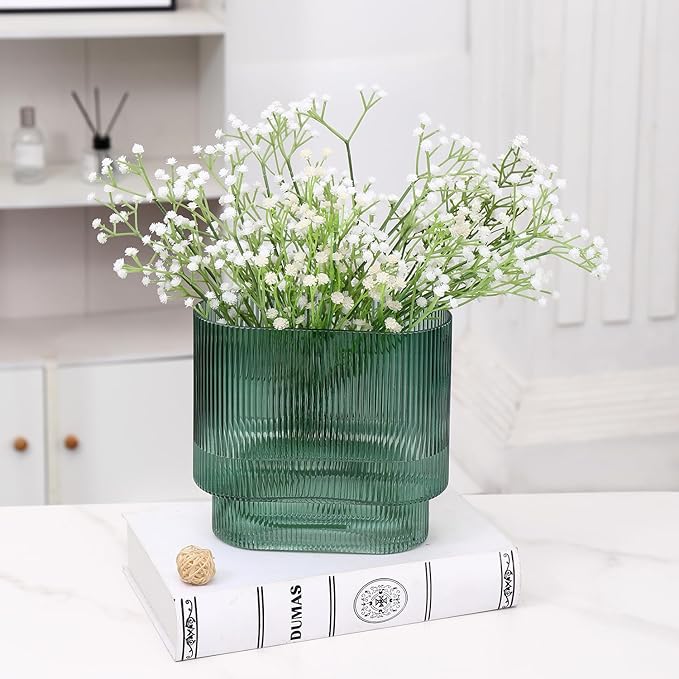 Ribbed Glass Vase, Green Glass Vase, Fluted Short Vases for Flowers, Modern Vases for Living Room, Dining Room, Bathroom, Desk, Shelf, Wedding, Office, 7 Inches