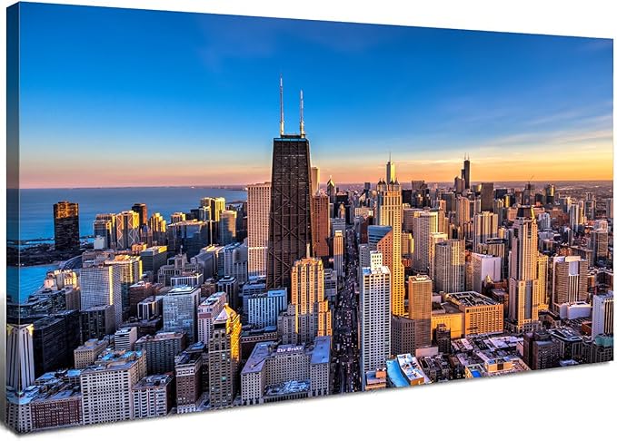 AIYISU Chicago Skyline Wall Art Chicago City Wall Decor Night Cityscape Canvas Prints Pictures City Skyscraper Painting Poster Modern Artwork for Kitchen Bedroom Living Room Home Decoration 24x48”