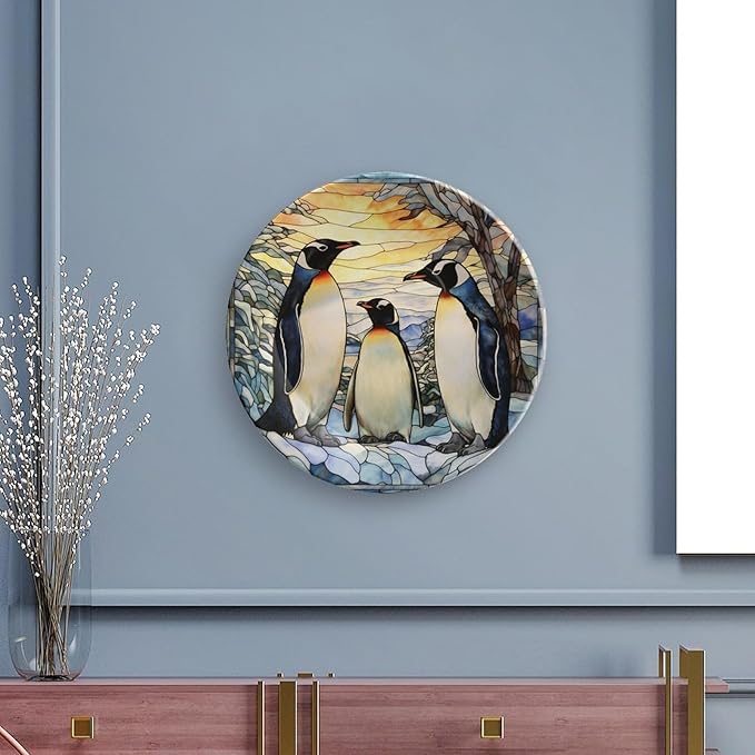Decorative Plates, Penguins Family Snowy Forest Stained Glass Painting Ceramic Dinner Plate w/Display Stand, Wall Hanging Decor for Kitchen Household 7 Inch, Gifts for Penguin Lovers