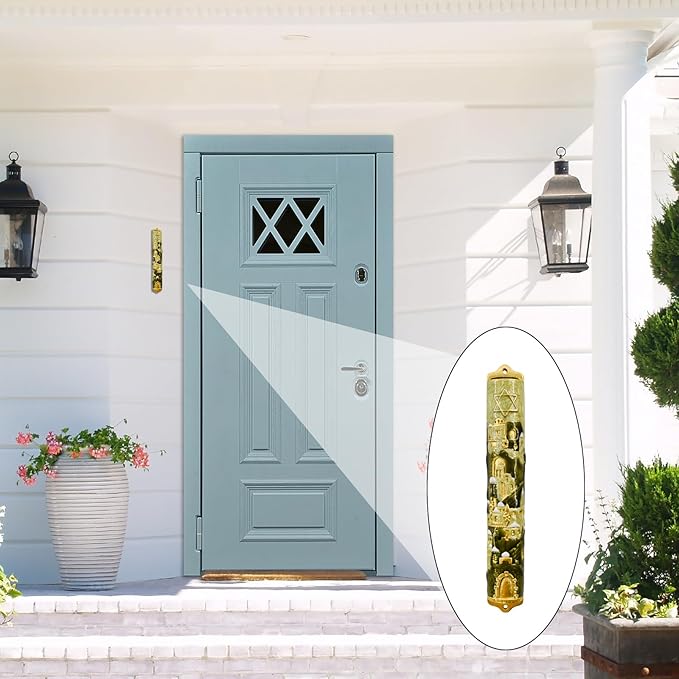 Mezuzah with Scroll for Door, Enamel&Zinc Alloy Blessing Mezuzah Case for Door, Colored Painted Mezuzha Scroll Kosher for Jewish Gifts/Jewish Decor, Christmas (Gold, 5.78 * 0.86 in)