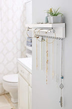 Rustic White Necklace Jewelry Organizer - Wall Mount Jewelry Holder - Mounted Hanging Jewelry Storage Hooks for Necklace, Earrings, and Rings - Farmhouse Wood Decor Bedroom Boho Shelf Rack