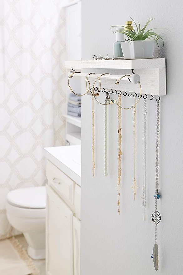 Rustic White Necklace Jewelry Organizer - Wall Mount Jewelry Holder - Mounted Hanging Jewelry Storage Hooks for Necklace, Earrings, and Rings - Farmhouse Wood Decor Bedroom Boho Shelf Rack