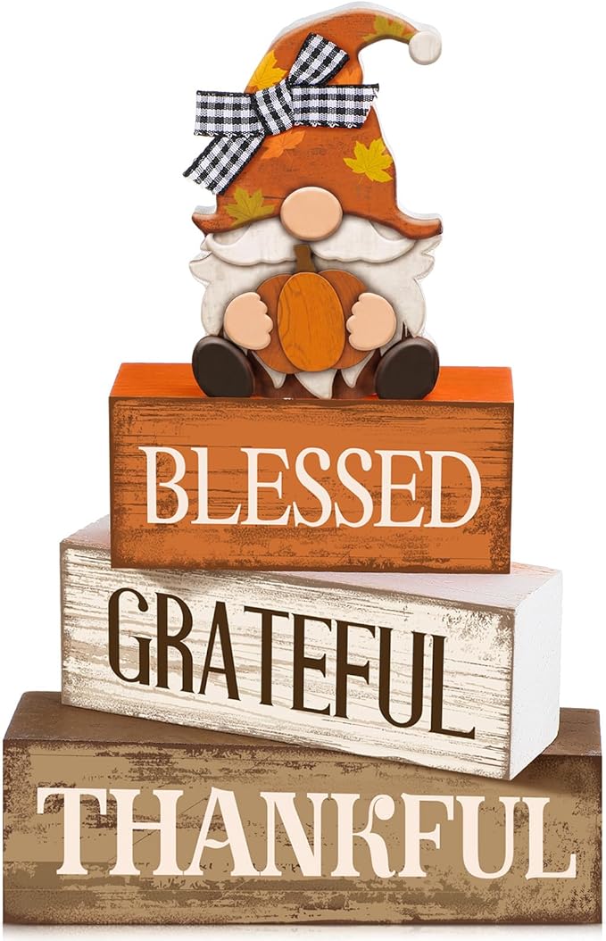 Lineshading 4 Pcs Wooden Farmhouse Tabletop Decor Rustic Home Tiered Tray Decor Decorative Farmhouse Table Decoration Home Block Signs Gift(Blessed Gnome)