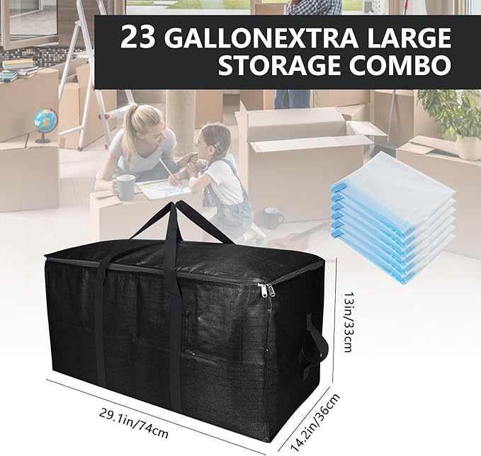 Extra Large Storage Bags Set Heavy Duty Moving Totes with Handles, Zippers-Way Carrying Design Fold Flat Storage Totes for Space Saving (Black, 12 Park-2 Moving bag & 10 Vacuum Seal Bags)