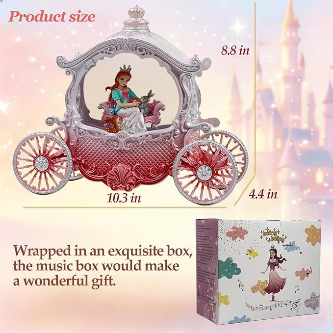 Christmas Pink Carriage Snow Globe with Music and Pricess - Christmas Snow Globes - Battery Or USB Cable Powered Operated (Pink Princess)