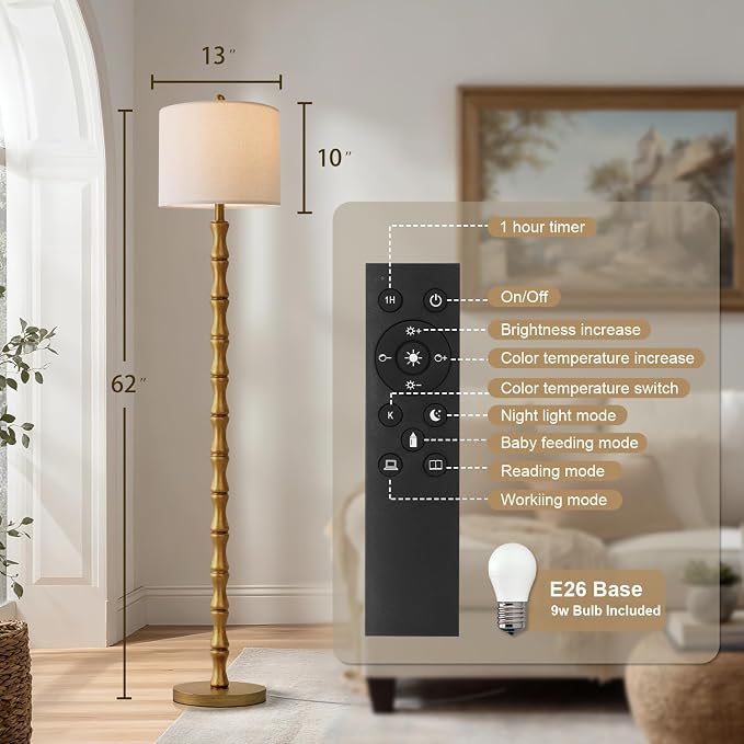 BOBOMOMO 62" Rustic Farmhouse Floor Lamp Antique Gold with Remote & Dimmable 9W Bulb, 3 Color Temperatures Resin Standing Lamp, Retro Tall Lamp for Living Room, Bedroom, Nursery, Office, Reading Nook