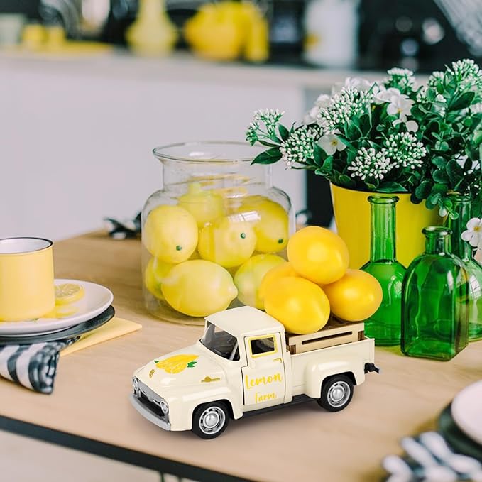 Lemon Decor Vintage Truck Decor with Mini Faux Lemons Summer Table Centerpieces Lemon Tiered Tray Decor for Home Kitchen Farmhouse Shelf Accessories