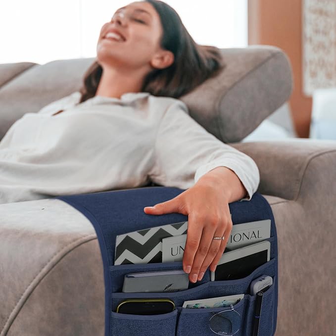 Teniux Remote Control Holder Armchair Caddy for Recliner Couch, Non-Slip Armrest Organizer with 5 Pockets for Magazine, Tablet, Phone, iPad (Blue)