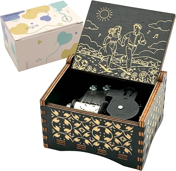 Pursuestar Black Wooden Wind Up Music Box - Fur Elise, Vintage Engraved Wood Mechanism Musical Gifts for Anniversary Mother's Day Valentine's Day Christmas Thanksgiving Birthday