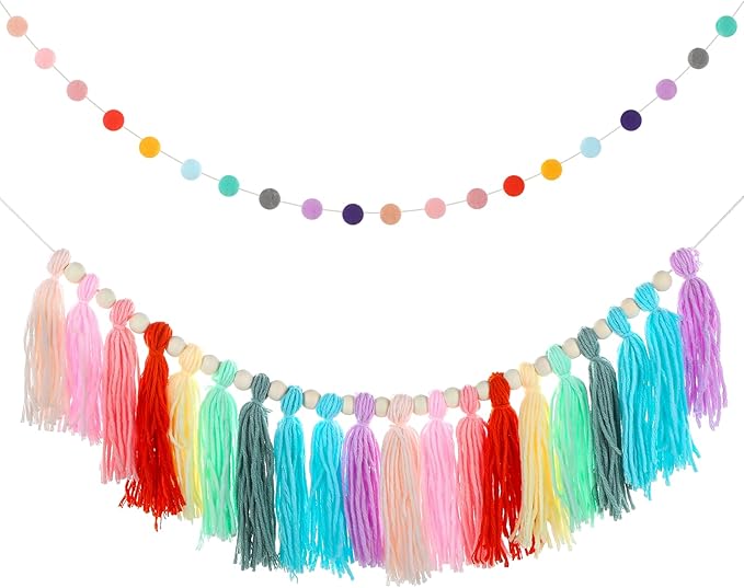 2 Pcs Boho Tassel Garland, 6.5 Feet Pom Pom Garland Rainbow Felt Ball Garlands Colorful Pastel Tassel Wall Hanging Banner with Wood Beads for Classroom Wedding Baby Shower Birthday Party Home Decor