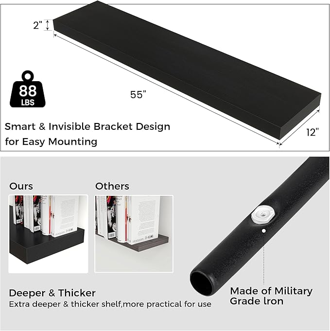 Venusmiles Floating Shelves for Wall, 55 Inch Wide x 12 Inch Deep Floating Shelves, Long Wood Floating Wall Shelf Shelves for Living Room Bathroom Bedroom Kitchen Home - (Black, 55" W x 12" D x 2" H)