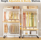 P1 Rolling Clothes Rack Heavy Duty, Metal Closet Clothing Rack with Lockable Wheels, Portable Wardrobe Closet for Hanging Clothes, 35.5" W x 15.7" D x 80.5" H, Hold 500lbs, White