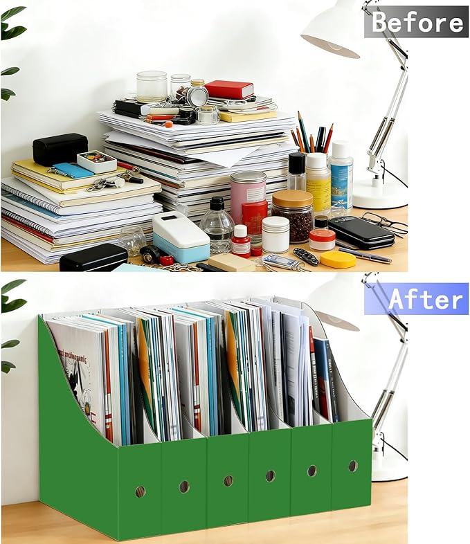 Limitliho 12 Pack Green Cardboard Magazine Holder , Sturdy Book Bins for Classroom, Vertical File Folder Organizer, 10.6'' 10.2'' 3.5'' Inch Magazine Rack