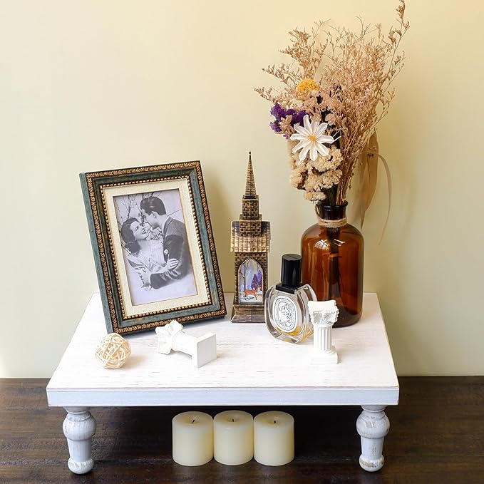 Wooden Riser Decorative Tray, Farmhouse Wood Pedestal Stand, Rustic Whitewashed Tray Riser Display Stand, Coffee Bar, Dining Room, Centerpiece, Kitchen, Bathroom Table Decor (Washwhite)