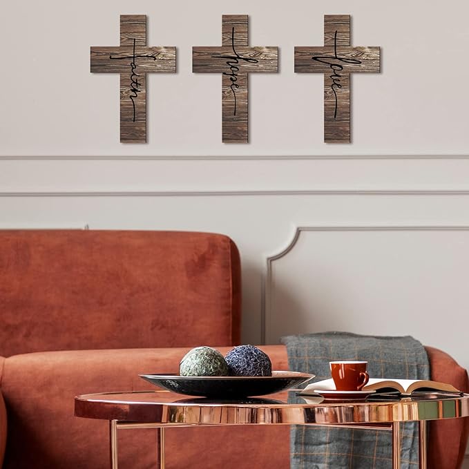 Jetec 3 Pieces Easter Faith Love Hope Cross Sign Crosses Wall Decor Wood Wall Hanging Rustic Cross Vintage Religious Love Art Decor Farmhouse Home Hanging Decorations, 12 x 8 Inch(Brown)