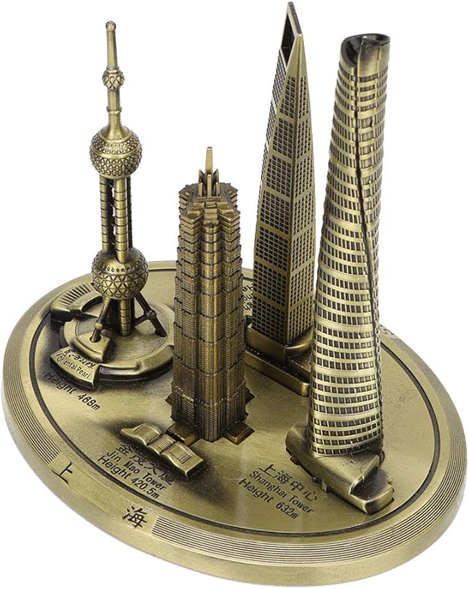 Shanghai Building Collection Model Set, Oriental Pearl Tower and Jin Mao Financial Center Souvenir, Electroplated Bronze Gold Metal Architecture Miniatures for Office Home Decor (Bronze-Large)