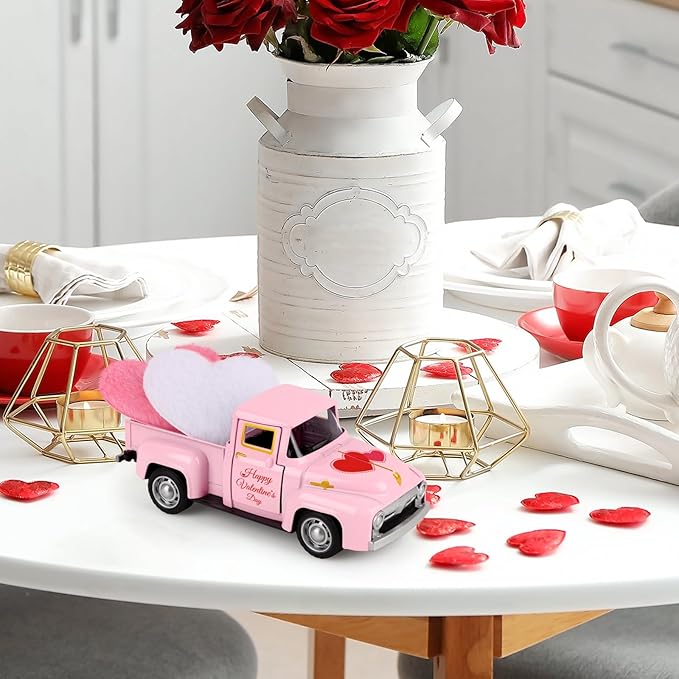 Pink Truck Decor for Home Valentine's Day Metal Truck with Hearts Pink Trucks Vintage Romantic Tiered Tray Decor for Home Kitchen Farmhouse Car Model Valentine's Day Table Centerpiece Supply