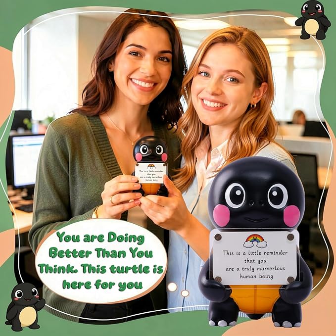 Positive Turtle Figurine - 4.3" Tall Hand-Painted Resin Indoor Office Desk Decoration with Cute Motivational Sign, Funny Gift for Women Friends Bestie BFF Bestfriend Coworkers (Black)