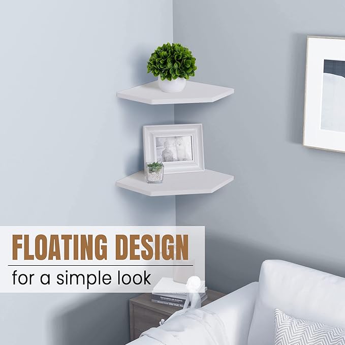 Fun Memories Corner Shelf Wall Mount, Floating Corner Shelves, Set of 4 Corner Wall Shelf Organizer, Rustic Wood Wall Storage Display Shelves for Living Room Bedroom Bathroom Kitchen, Rustic White