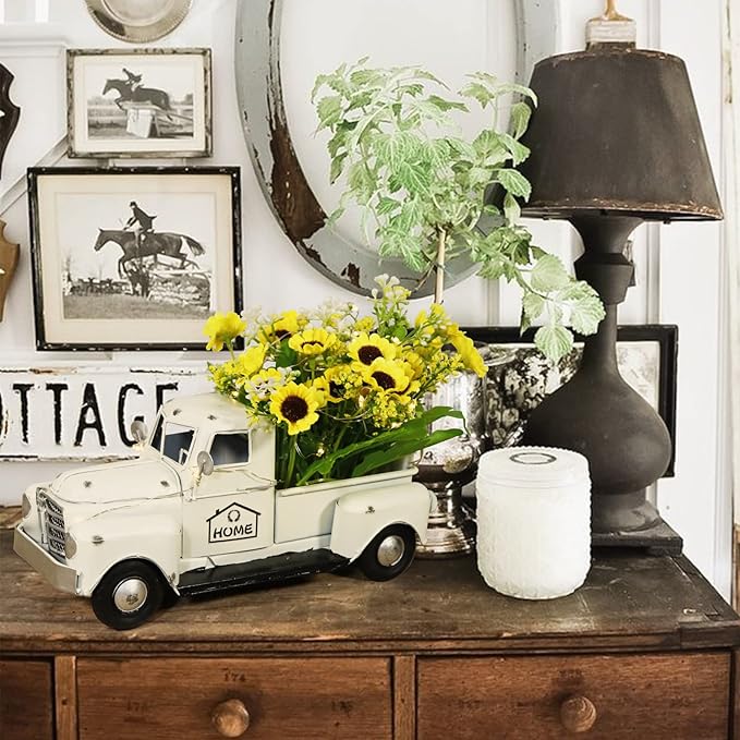 OurWarm Vintage White Truck Decor with Sunflowers Artificial Flowers Farmhouse Table Decor, LED String Lights Metal Truck Sunflower Decor for Home Rustic Farmhouse Tiered Tray Decor, Table Top Decor