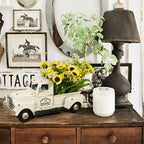 OurWarm Vintage White Truck Decor with Sunflowers Artificial Flowers Farmhouse Table Decor, LED String Lights Metal Truck Sunflower Decor for Home Rustic Farmhouse Tiered Tray Decor, Table Top Decor