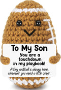 Belatelove Mini Funny Son Gifts from Dad Mom, Handmade Crochet Football with Inspirational Card, Fathers Day Birthday Gift for Son, Unique Football Doll for Desk Decor